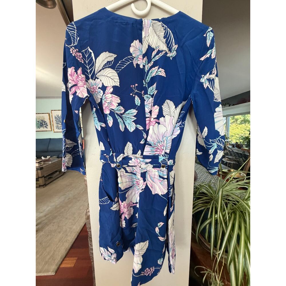 Yumi Kim Silk Floral Romper Blue Pink Wrap Tropical Cottagecore Boho Size S - Picture 6 of 7